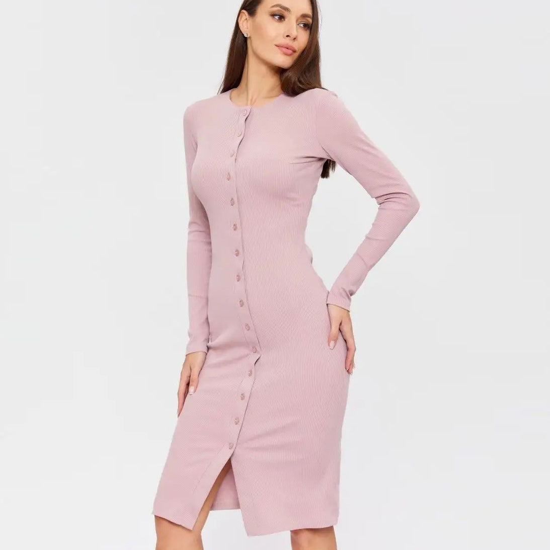 Damen figurbetontes Midi-Kleid mit Knopfleiste und elegantem V-Ausschnitt Heidi-Mode