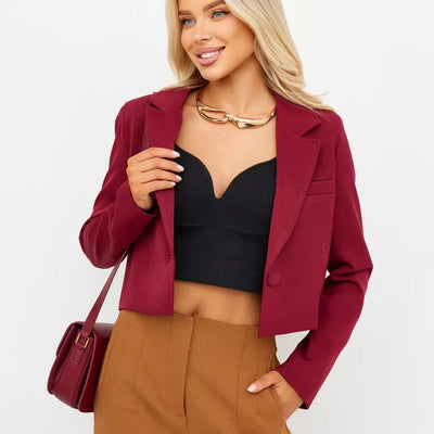 Damen elegante Cropped Blazerjacke mit klassischem Schnitt und Schulterpolster Heidi-Mode