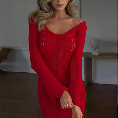 Damen Strickkleid mit tiefem V-Ausschnitt und weitem Arm Heidi-Mode