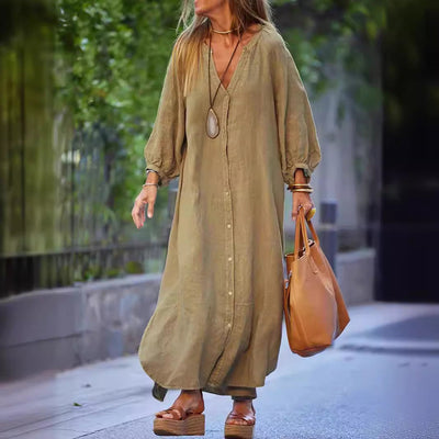 Damen Langarm-Linnenkleid mit Knopfleiste und seitlichen Schlitzen Heidi-Mode