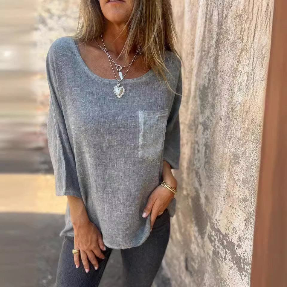 Damen lässiges Linenshirt mit praktischer Brusttasche und weitem Schnitt Heidi-Mode