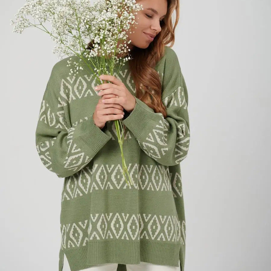 Damen lässiger Strickpullover mit geometrischem Muster Heidi-Mode