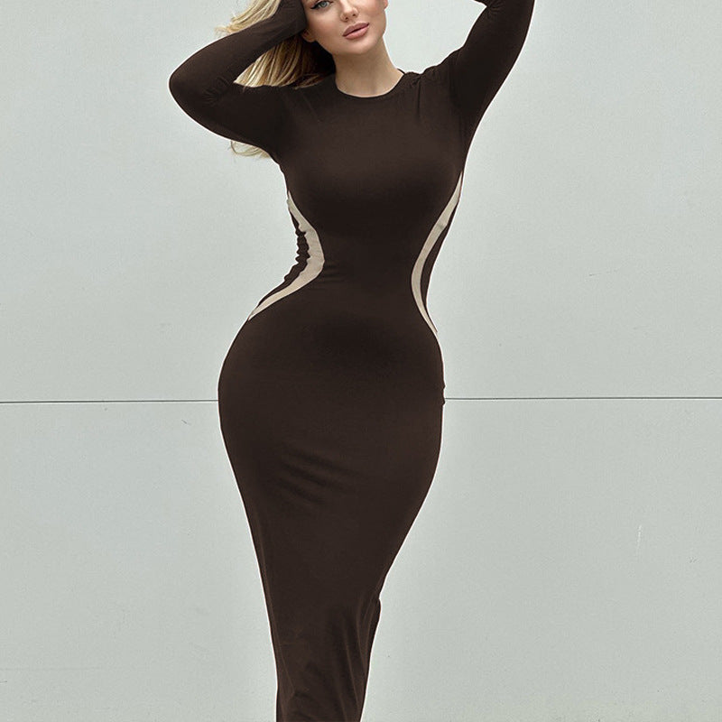 Damen figurbetontes Maxikleid mit eleganten Kontrastelementen und langem Arm Heidi-Mode