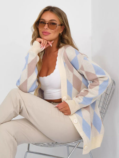 Damen kuscheliger Cardigan mit Rautenmuster und Knopfverschluss Heidi-Mode