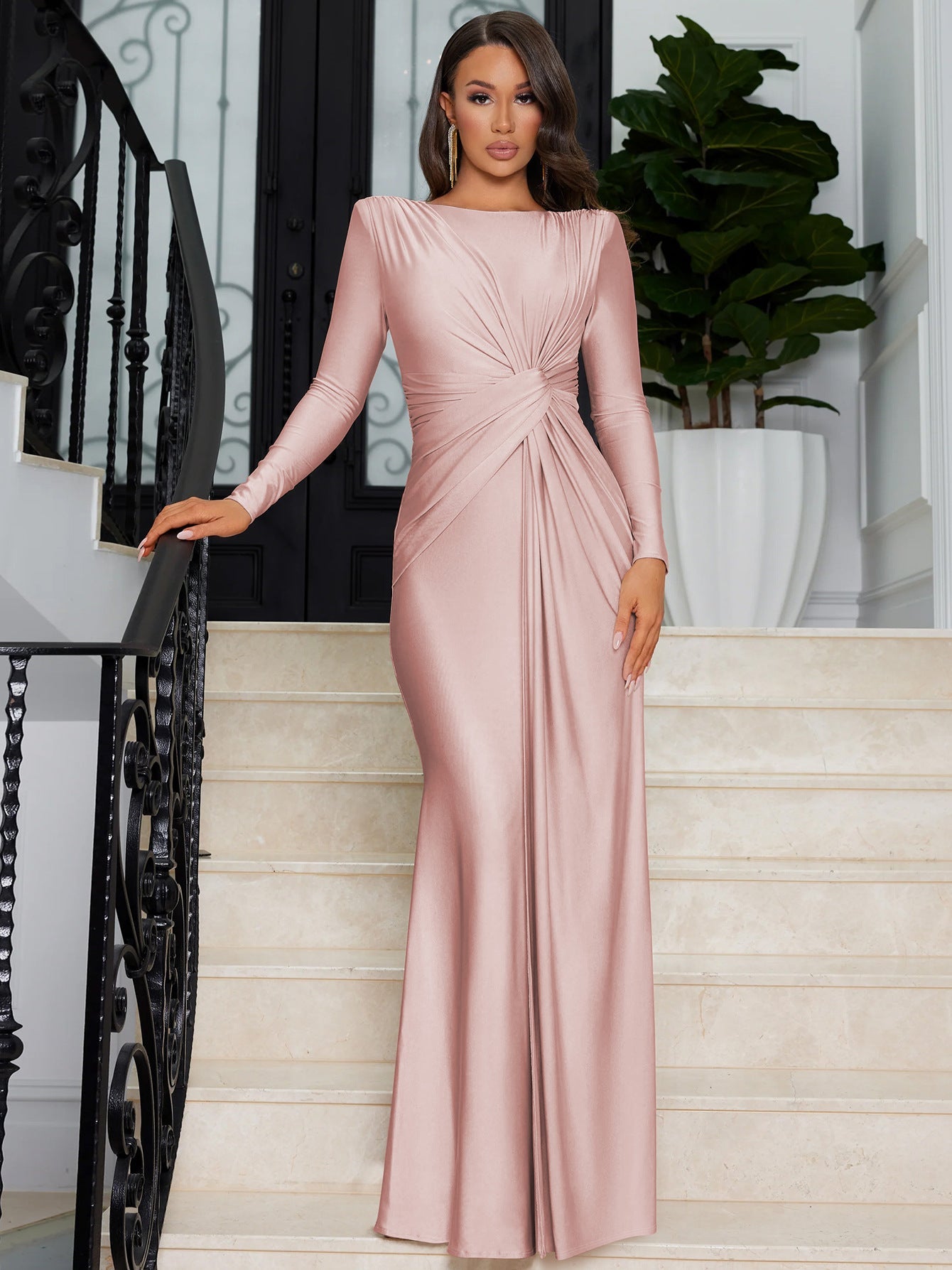 Damen Elegantes Maxikleid mit raffiniertem Wickeldesign und langen Ärmeln Heidi-Mode