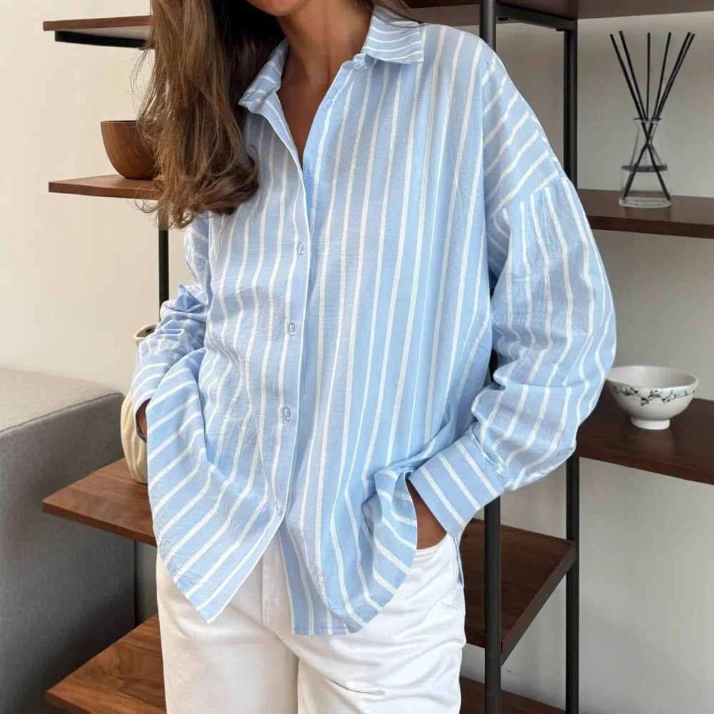 Damen lässige Hemdbluse mit feiner Streifenstruktur und Knopfdetails Heidi-Mode