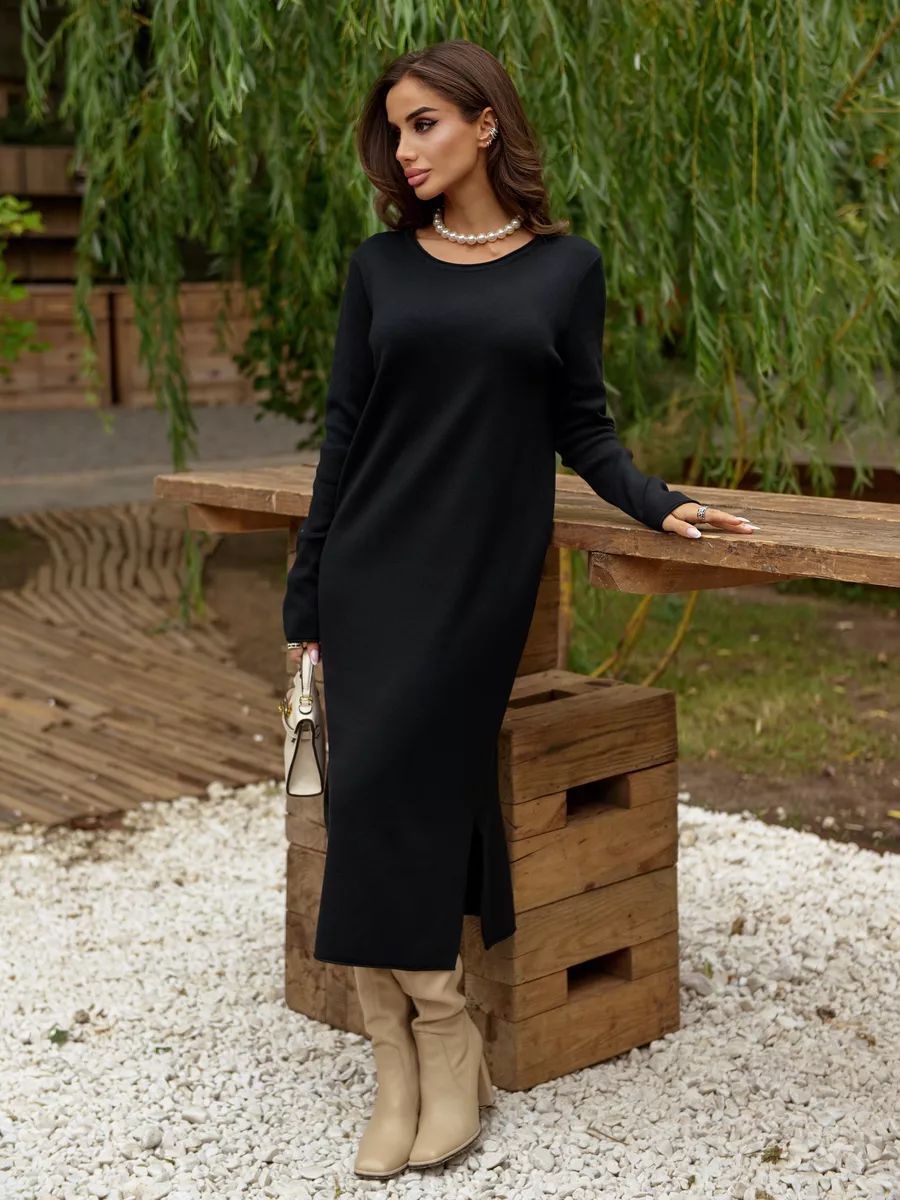 Damen Strickkleid mit seitlichem Schlitz und elegantem Rundhalsausschnitt Heidi-Mode