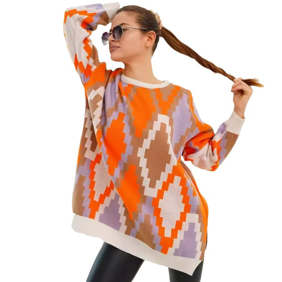 Damen Oversized Strickpullover mit grafischem Jacquard-Muster und lässigem Schnitt Heidi-Mode