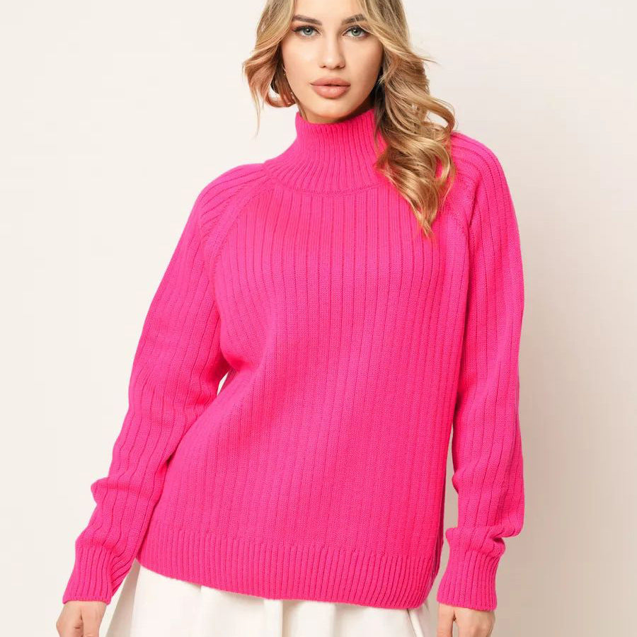 Damen kuscheliger Strickpullover mit hohem Kragen und feiner Rippstruktur Heidi-Mode