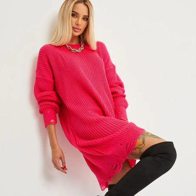 Damen lässiges Strickkleid mit weitem Schnitt und ausgefransten Säumen Heidi-Mode