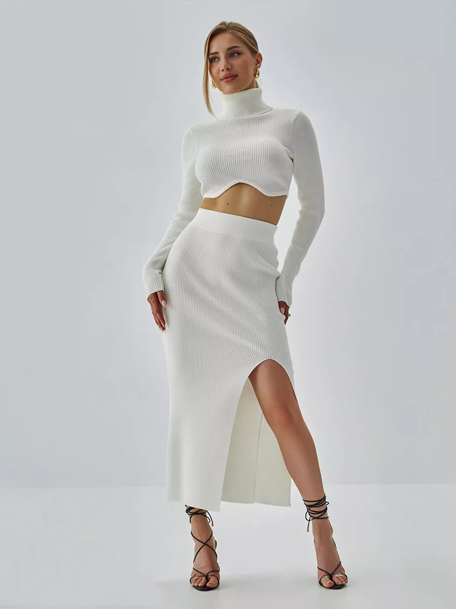 Damen Strick-Oberteil und Midi-Rock Set mit hohen Schlitz-Details Heidi-Mode