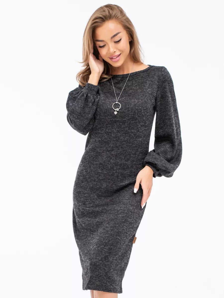 Damen Midi-Strickkleid mit auffälligen Puffärmeln und elegantem Schnitt Heidi-Mode
