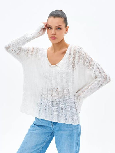 Damen Übergröße Pullover aus leichtem Strickmaterial mit raffiniertem Lochmuster Heidi-Mode