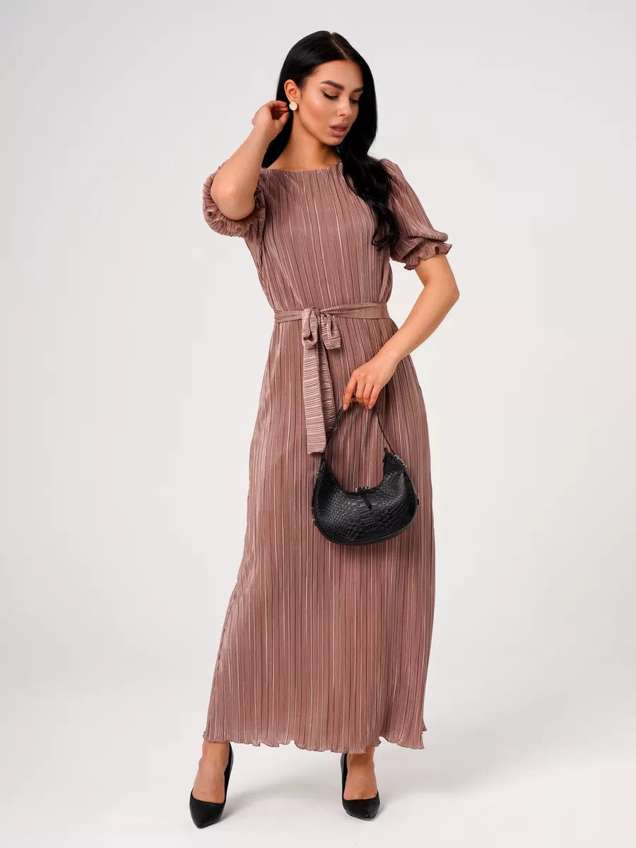 Damen Maxikleid mit eleganter Plissierung und Taillengürtel Heidi-Mode