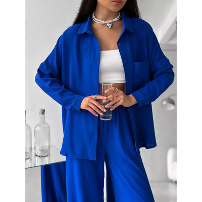 Damen lockerer Leinen-Hosenset mit eleganter Bluse und elastischem Bund Heidi-Mode