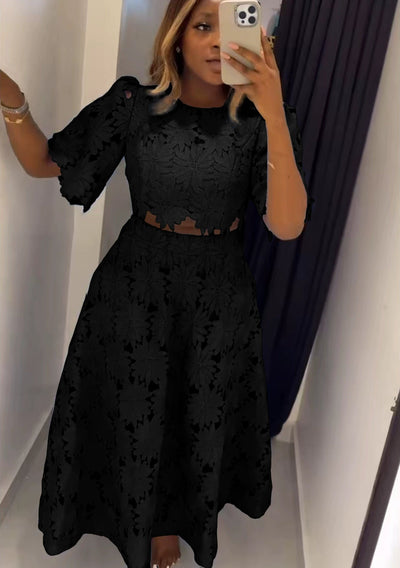 Damen Elegantes Spitzen-Outfit mit kurzem Oberteil und langem Rock Heidi-Mode