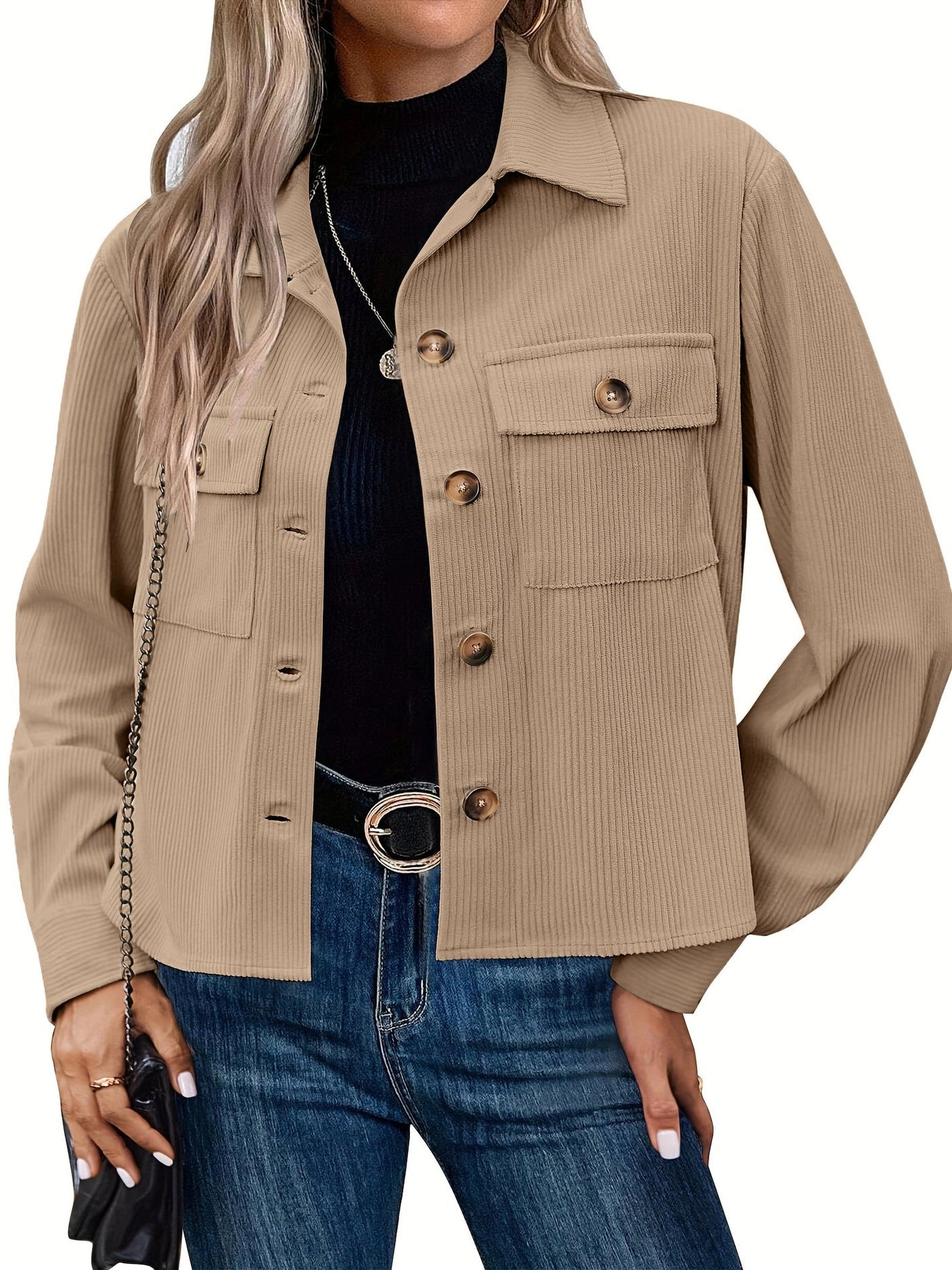 Damen lässige Utility-Jacke mit Knopfverschluss und praktischen Brusttaschen Heidi-Mode