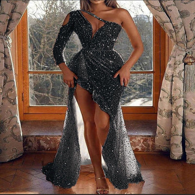 Damen Glamouröses Abendkleid mit tiefem V-Ausschnitt, asymmetrischem Schnitt und funkelnden Strasssteinen Heidi-Mode