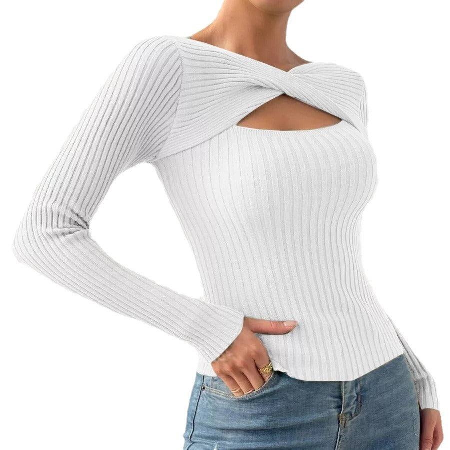 Damen figurbetontes langärmliges Oberteil mit querverlaufendem Ausschnitt und Rippstruktur Heidi-Mode