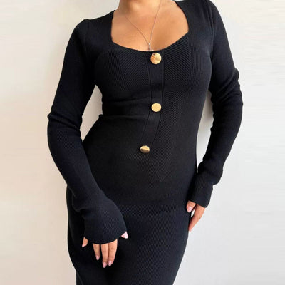 Damen StrickMaxikleid mit tiefem V-Ausschnitt und Knopfdetails Heidi-Mode