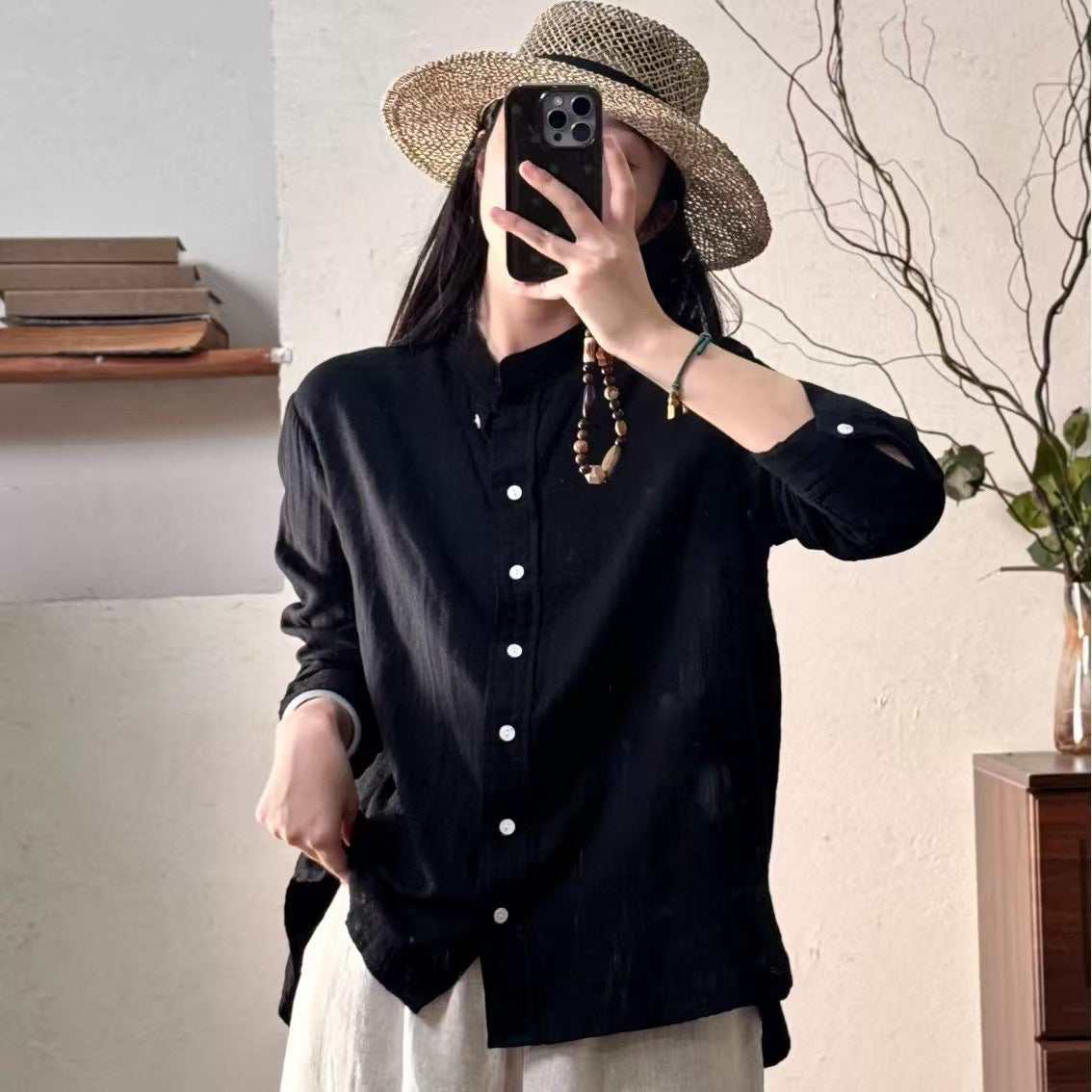 Femme Leichtes Langarm-Button-Up Tunika-Shirt Heidi-Mode