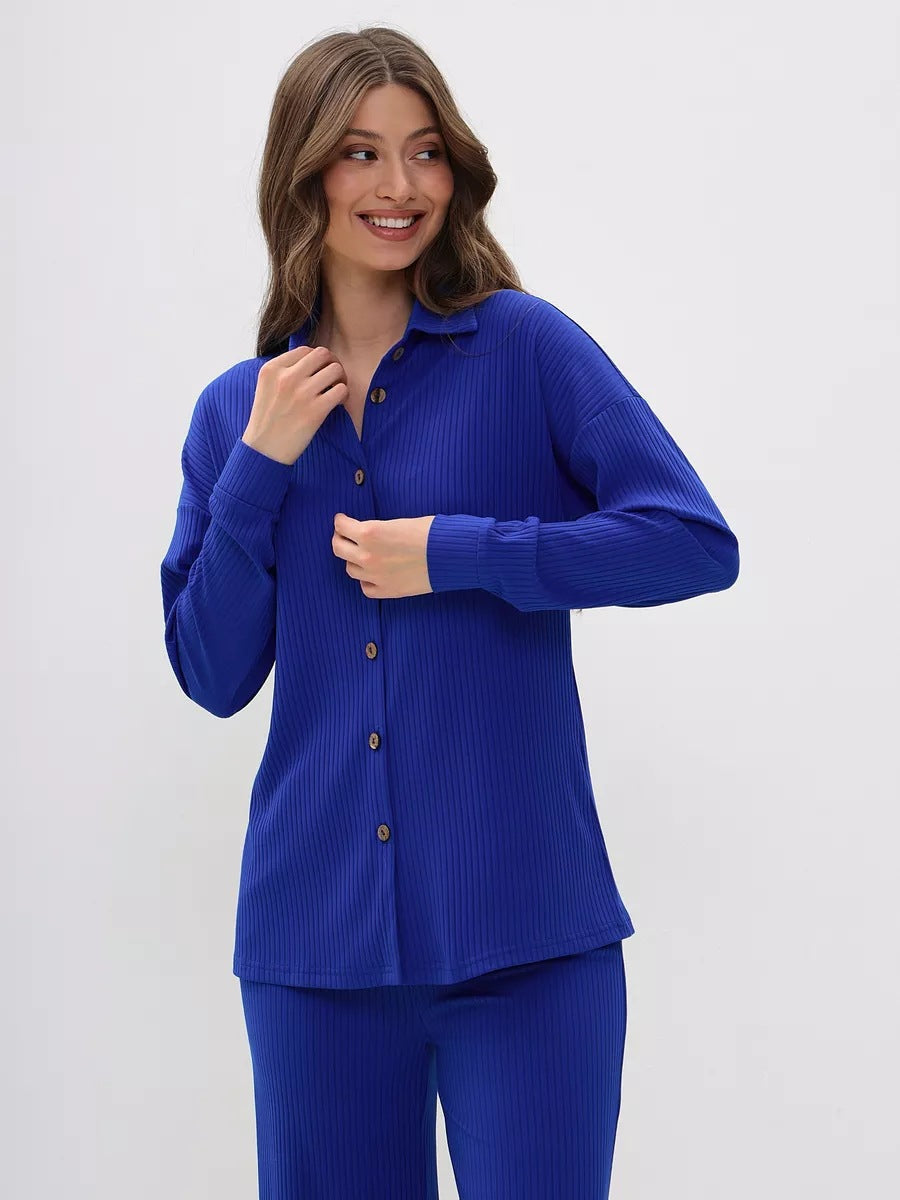 Damen gestreiftes Komfort-Set mit Knopfverschluss und lässigem Schnitt Heidi-Mode