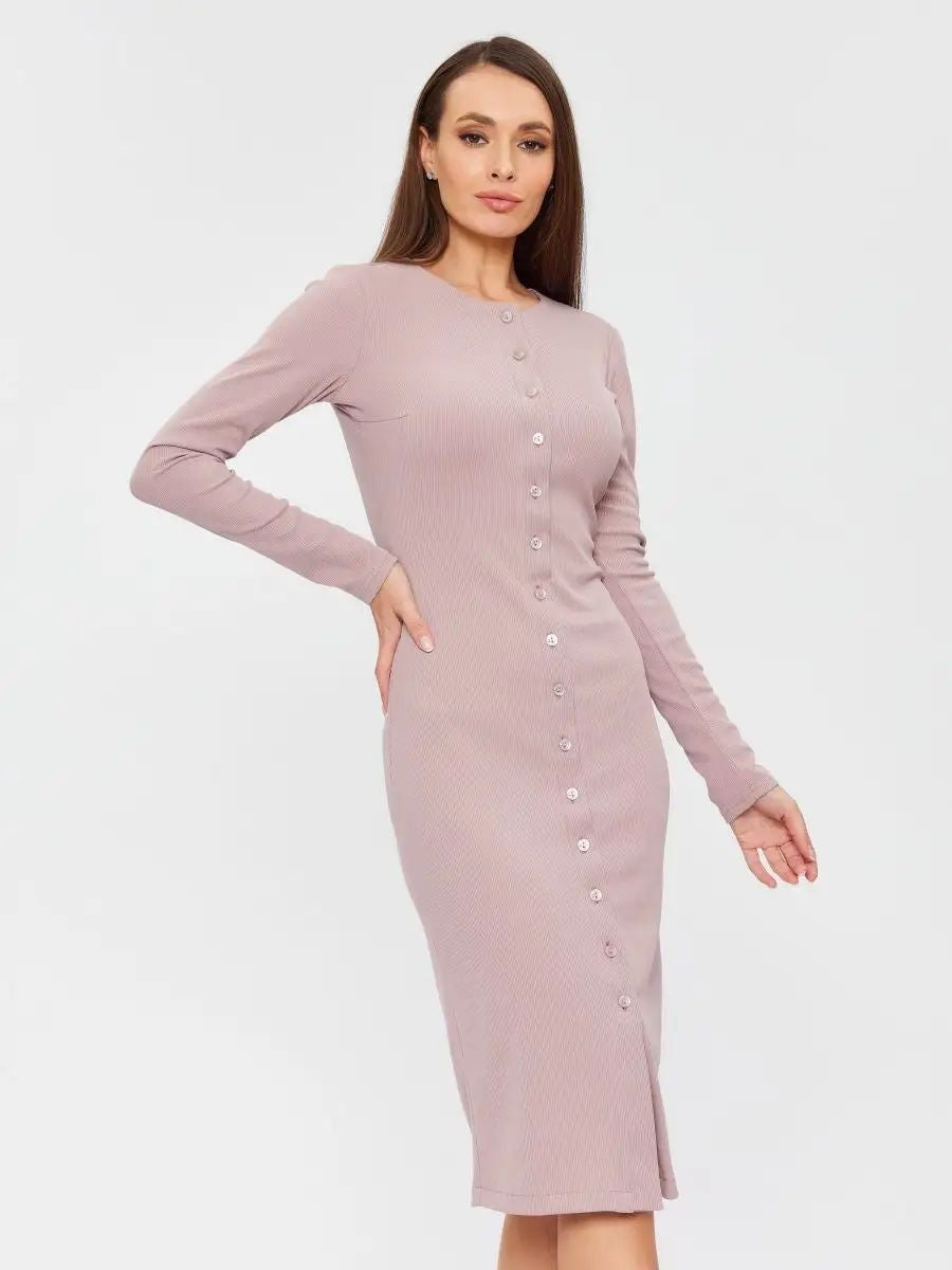Damen figurbetontes Midi-Kleid mit Knopfleiste und elegantem V-Ausschnitt Heidi-Mode