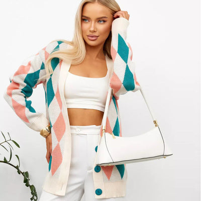 Damen kuscheliger Cardigan mit Rautenmuster und Knopfverschluss Heidi-Mode