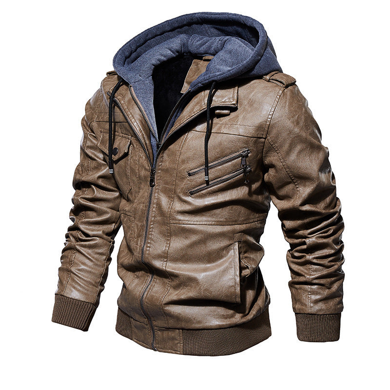 Herren Lederjacke mit Kapuze und Taschen