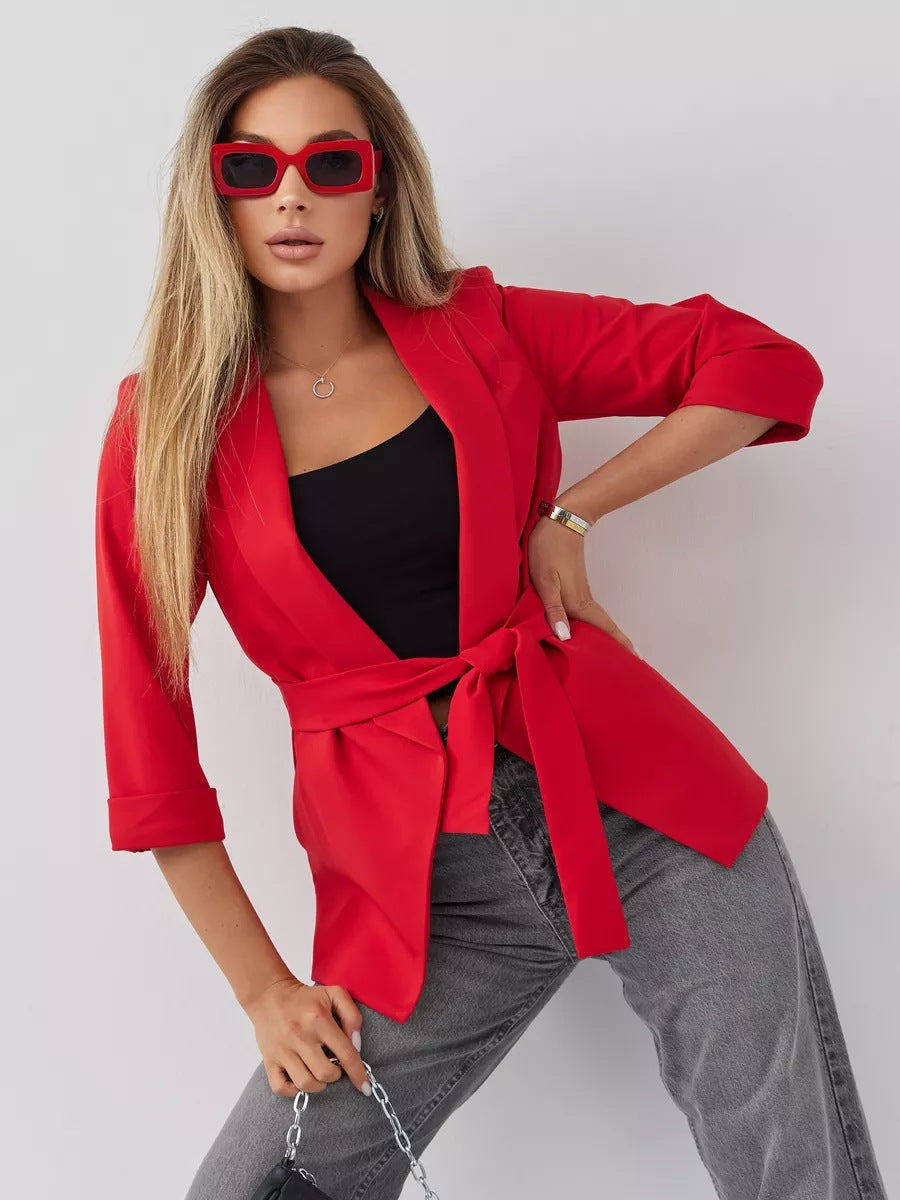 Damen elegante Blazerjacke mit tailliertem Schnitt und Bindegürtel Heidi-Mode