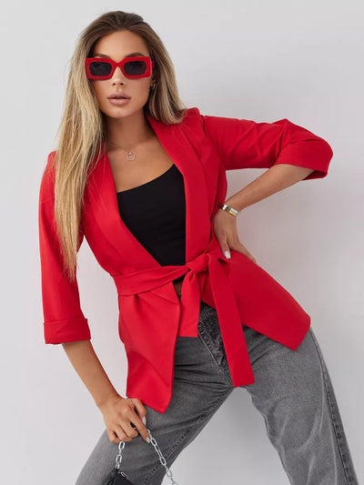 Damen elegante Blazerjacke mit tailliertem Schnitt und Bindegürtel Heidi-Mode