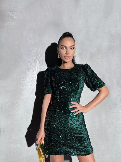 Damen Glitzerndes Minikleid mit Puffärmeln und figurbetontem Schnitt Heidi-Mode