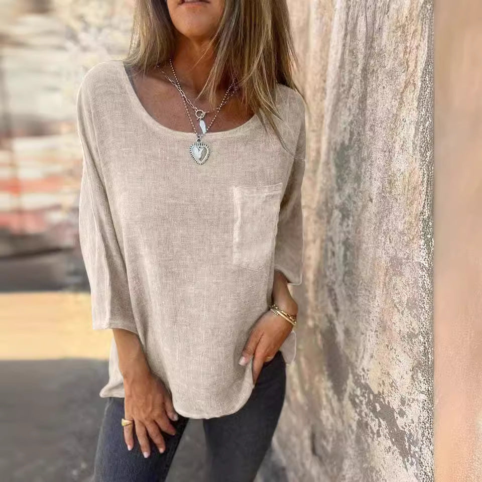 Damen lässiges Linenshirt mit praktischer Brusttasche und weitem Schnitt Heidi-Mode