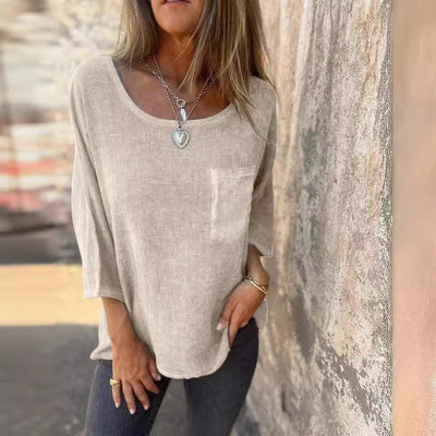 Damen lässiges Linenshirt mit praktischer Brusttasche und weitem Schnitt Heidi-Mode