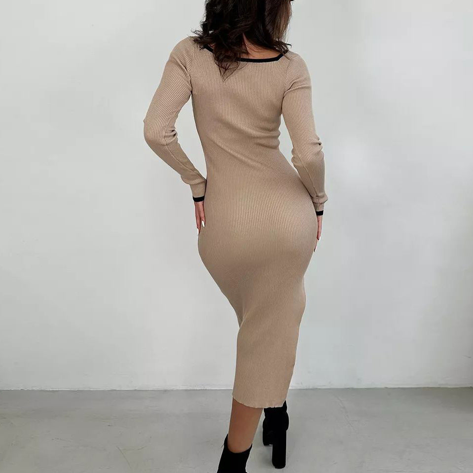 Damen figurbetontes Strickkleid mit quadratischem Ausschnitt und kontrastierenden Ärmeln Heidi-Mode