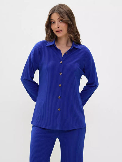 Damen gestreiftes Komfort-Set mit Knopfverschluss und lässigem Schnitt Heidi-Mode