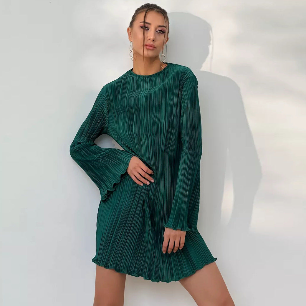 Damen Plissiertes Mini-Kleid mit langem Arm und elegantem Stehkragen Heidi-Mode
