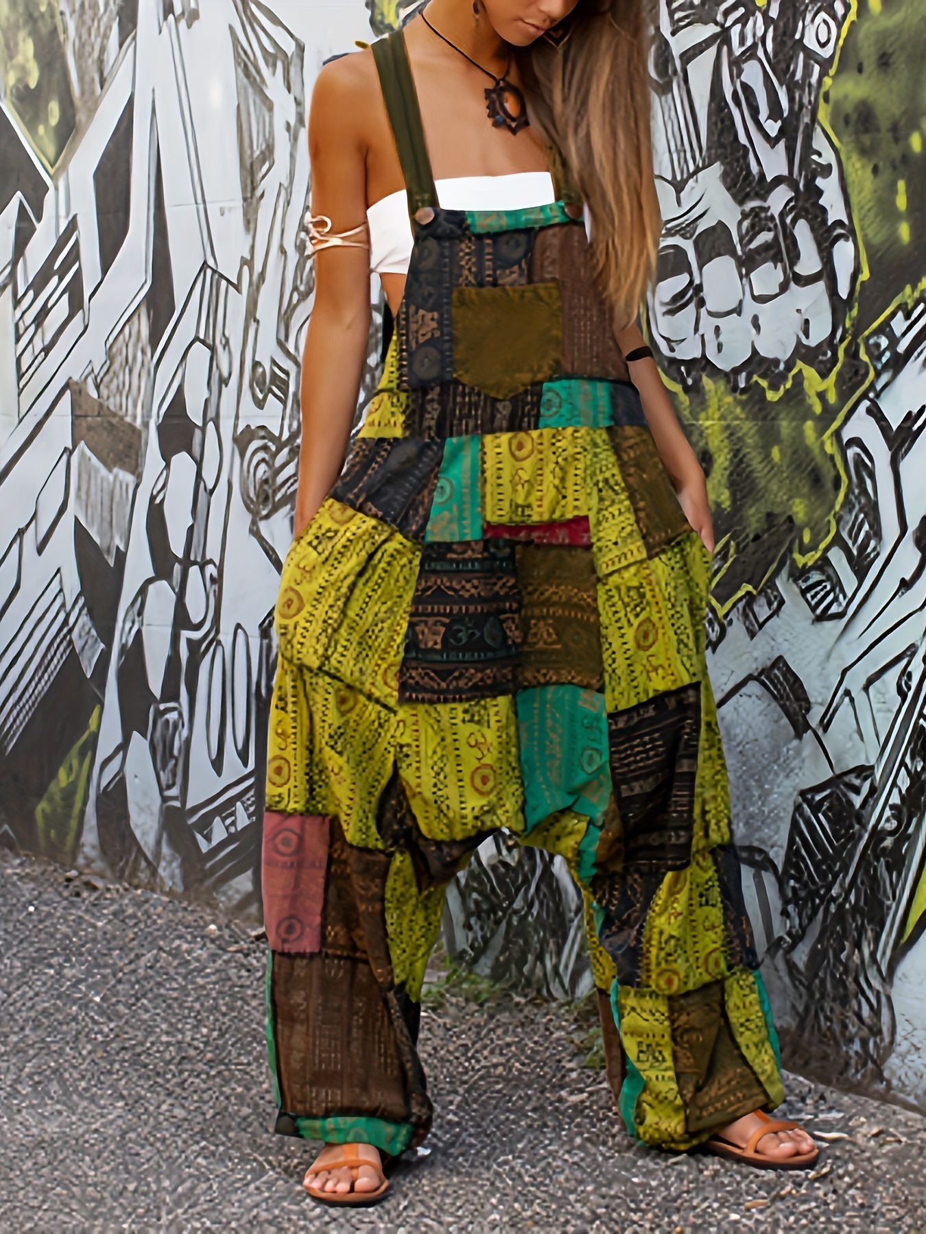 Damen lässige Overall aus buntem Patchwork-Stoff mit praktischen Taschen Heidi-Mode
