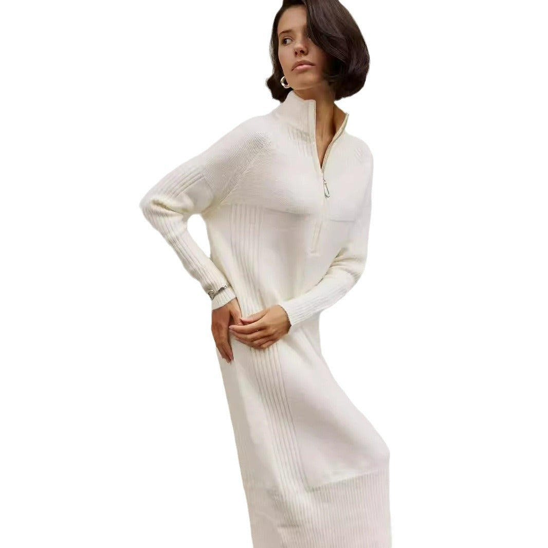 Damen Strickdress mit hochschließendem Kragen und Reißverschluss Heidi-Mode