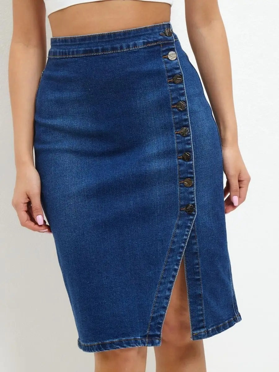 Damen Denim-Midirrock mit Knopfverschluss und hoher Taille Heidi-Mode