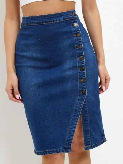 Damen Denim-Midirrock mit Knopfverschluss und hoher Taille Heidi-Mode