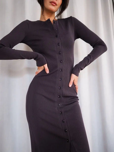 Damen figurbetontes Midi-Kleid mit Knopfleiste und elegantem V-Ausschnitt Heidi-Mode