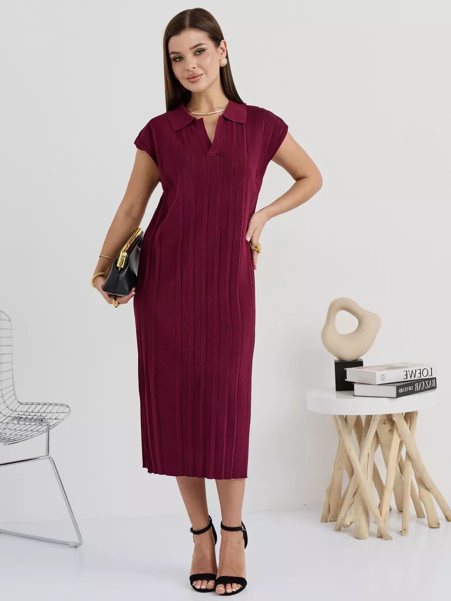 Damen Midi-Kleid mit schickem Kragen und Taillengürtel Heidi-Mode