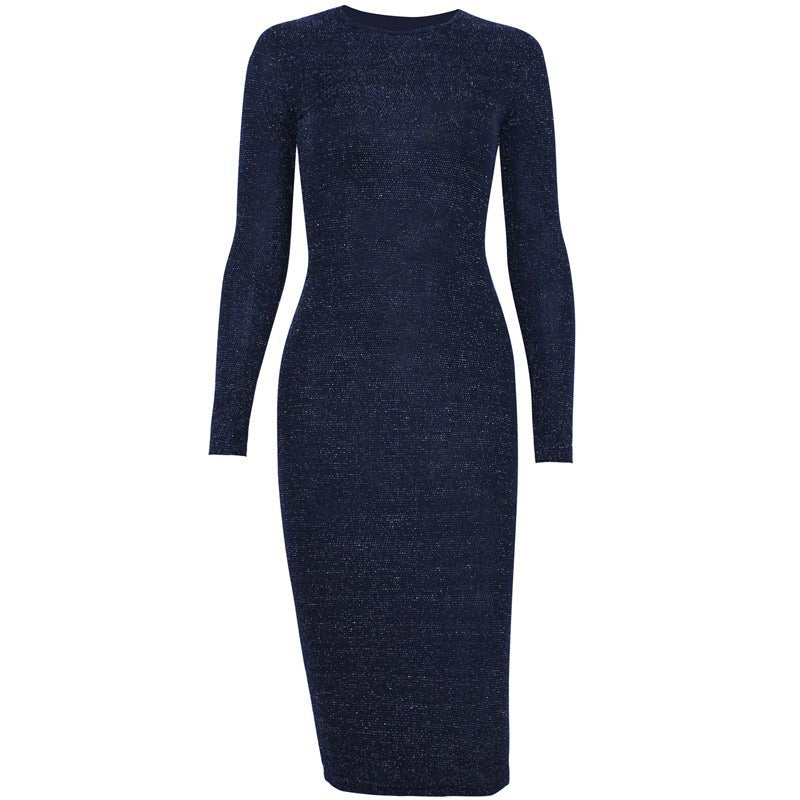 Damen figurbetontes Glamour-Kleid mit langen Ärmeln und schimmerndem Stoff Heidi-Mode