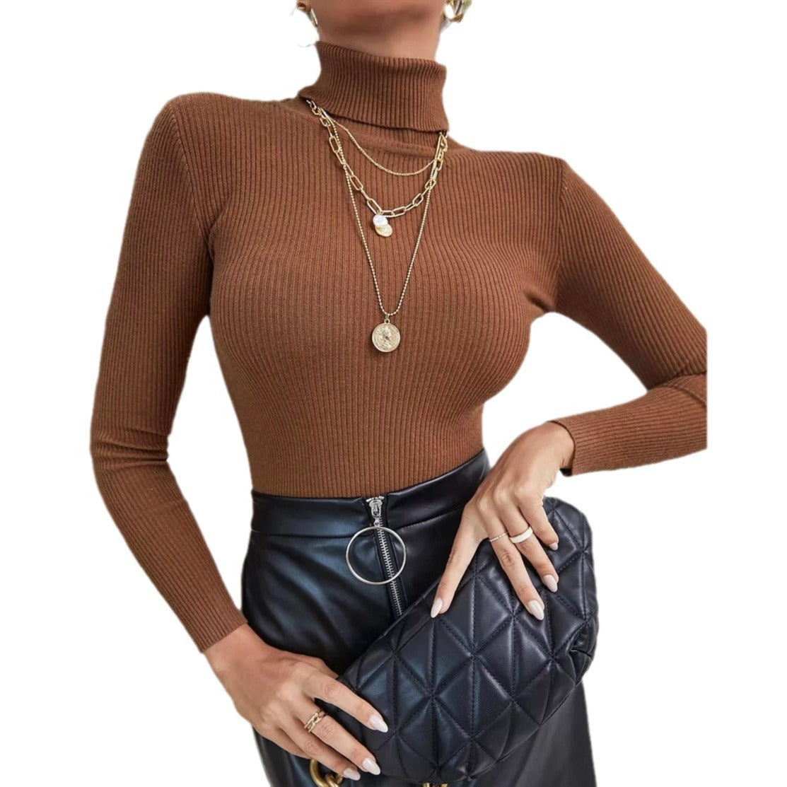 Damen figurbetontes Langarmoberteil mit hohen Kragen und feiner Rippstruktur Heidi-Mode