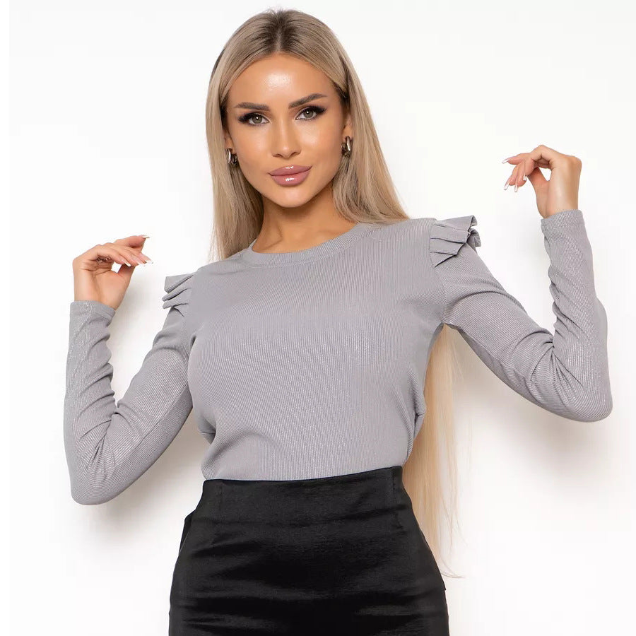 Damen Langarmshirt mit elegantem Rüschendetail und dezentem Strukturmuster Heidi-Mode