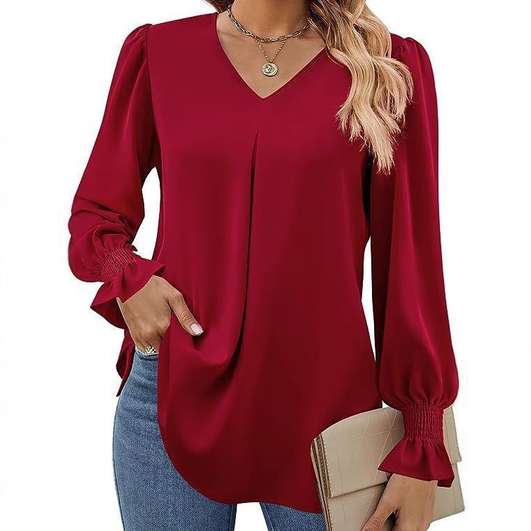 Damen Elegante Bluse mit V-Ausschnitt und Puffärmel Heidi-Mode