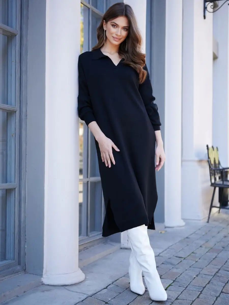 Damen legere Strickkleid mit klassischem Ausschnitt und eleganten Ärmelabschlüssen Heidi-Mode