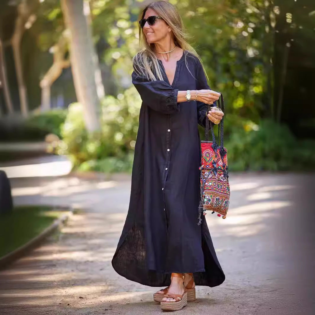 Damen Langarm-Linnenkleid mit Knopfleiste und seitlichen Schlitzen Heidi-Mode