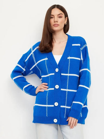 Damen lässiger Karoknitter-Cardigan mit Knöpfen und weitem Schnitt Heidi-Mode